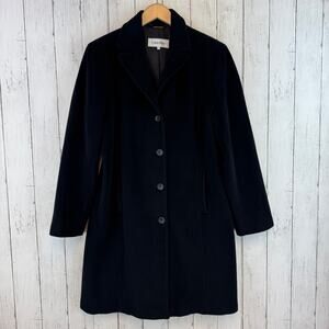 Calvin Klein Black Angora Wool Single-Breasted Mid-Length Coat Overcoat Size 8